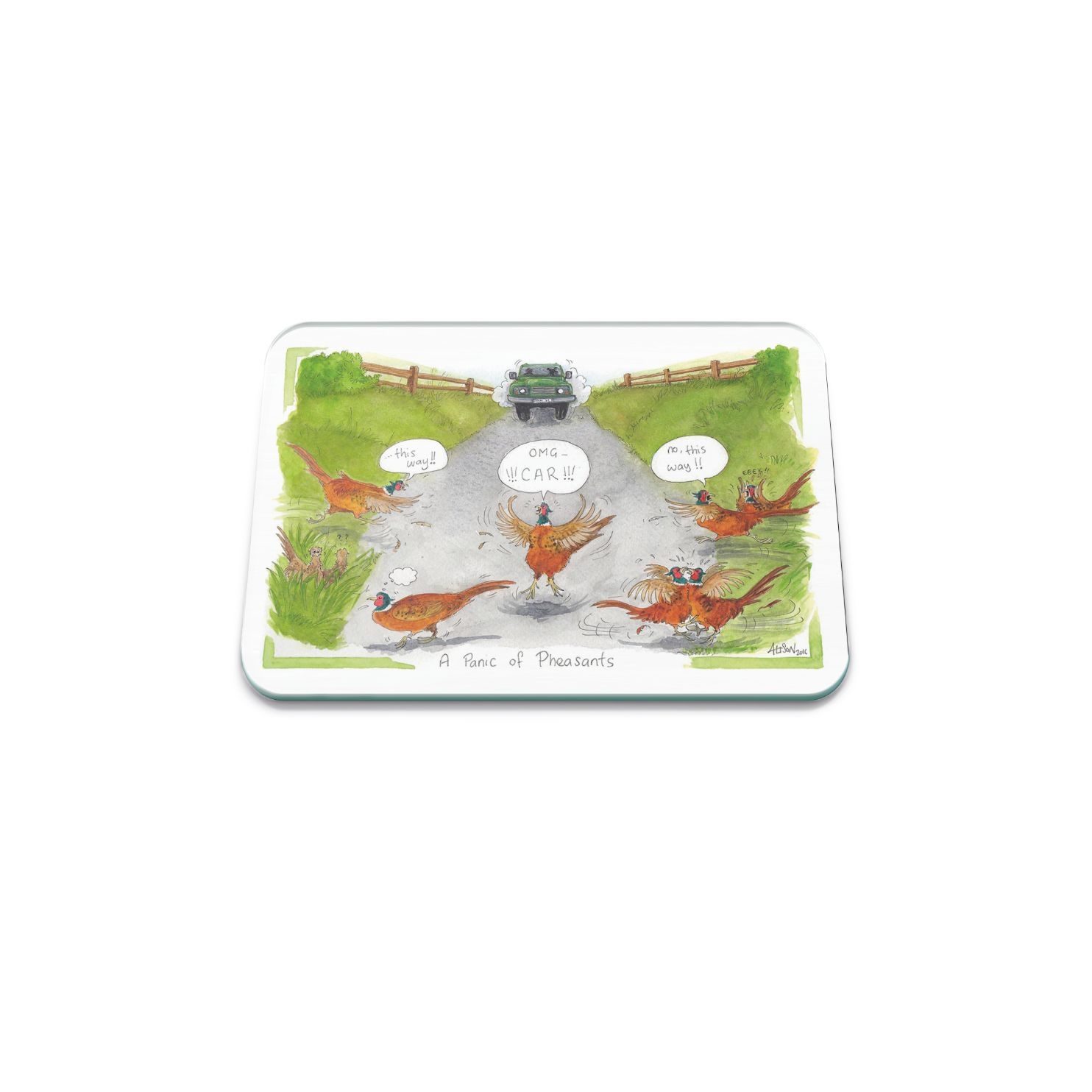 A PANIC OF PHEASANTS GLASS WORKTOP PROTECTOR SMALL 30X22CM