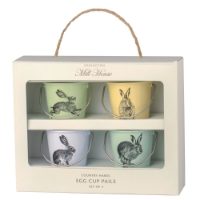 MILL HOUSE COLLECTION COUNTRY HARES EGG CUP PAILS SET OF 4, EGGS, BOILED, BREAKFAST, PAILS, CUP,