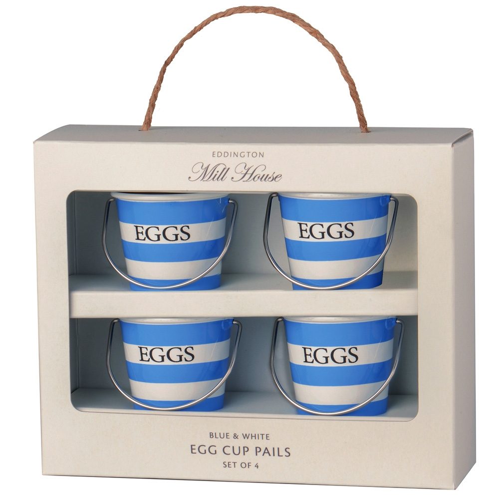 MILL HOUSE BLUE & WHITE EGG CUP PAILS, EGGS, BOILED EGGS, BREAKFAST, KITCHEN