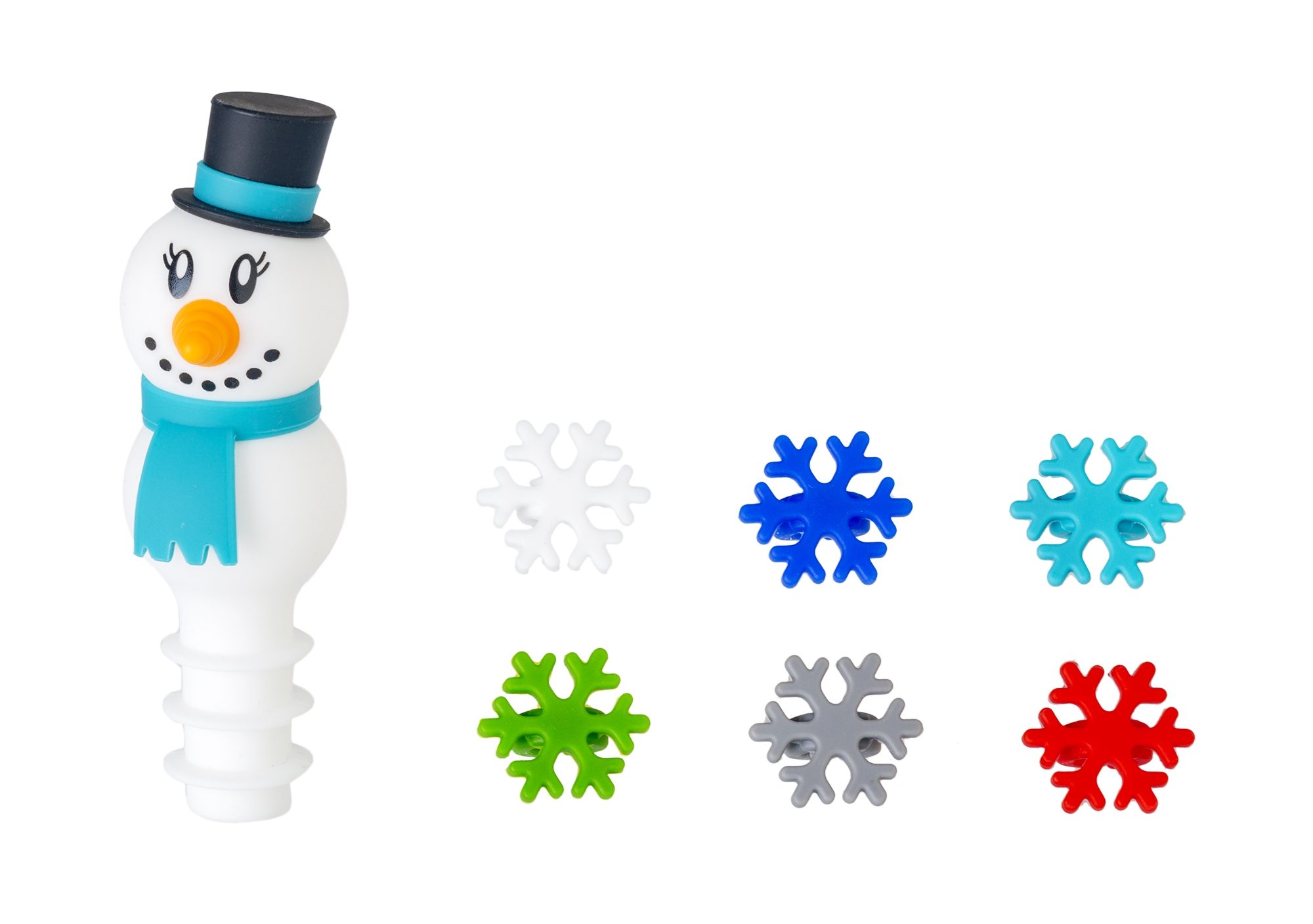 SILICONE SNOWMAN BOTTLE STOP AND WINE CHARMS GIFT SET
